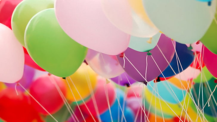 assorted-color balloons, balls, air, thread, multi Colored, yellow, HD wallpaper