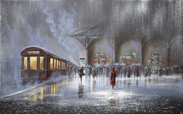people walking beside train and building painting, woman, meeting, HD wallpaper