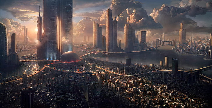 game illustration, futuristic, science fiction, skyscraper, cityscape