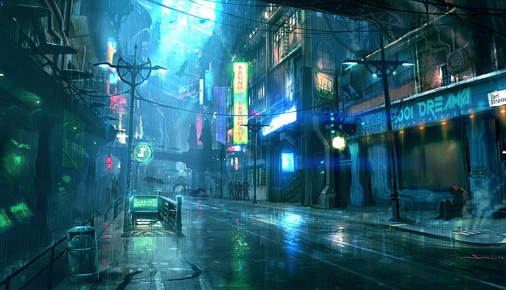 cyberpunk, futuristic, city, raining, street, lights, people