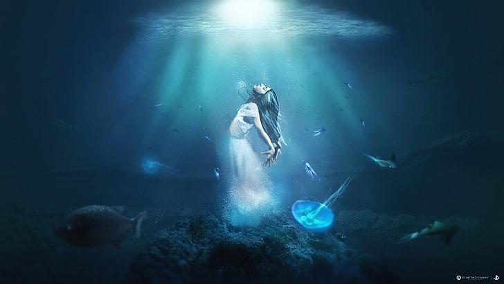 spirit woman illustration, fantasy art, Desktopography, underwater