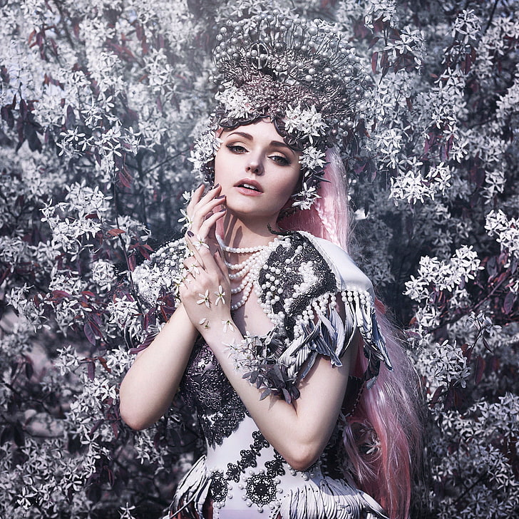 girl, decoration, flowers, style, outfit, pink hair, Bella Kotak, HD wallpaper