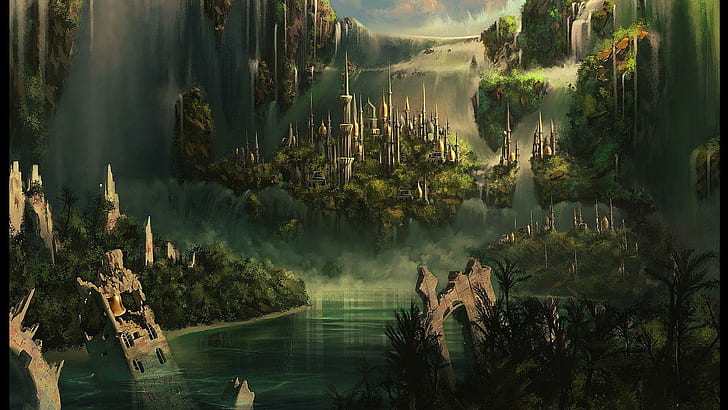 Kingdom among the jungle waterfall, ancient ruins illustration