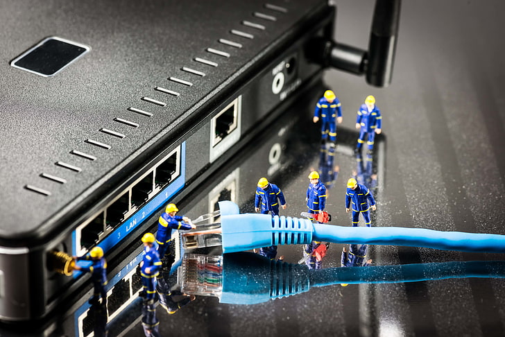 blue ethernet cable and black wireless router, connection, diagnosis