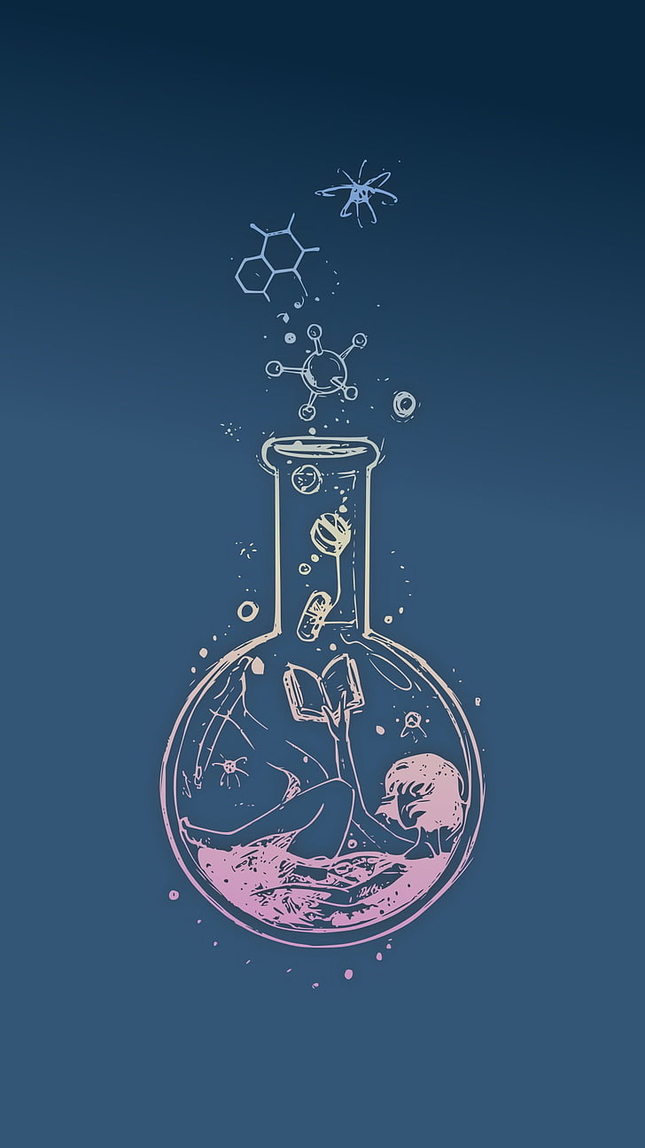 vase painting, science, anime girls, chemistry, blue, colored background