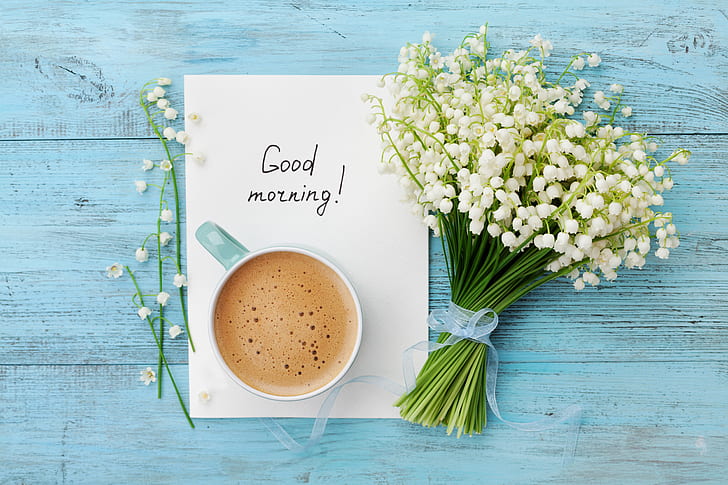 flowers, coffee, bouquet, morning, Cup, lilies of the valley, HD wallpaper
