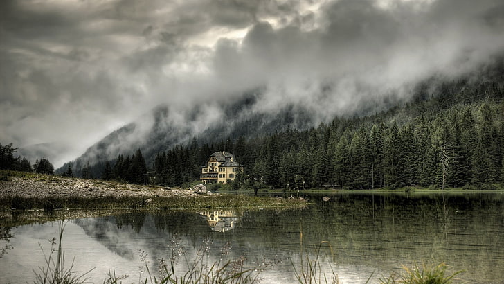 nature, landscape, mist, mountains, lake, forest, trees, house