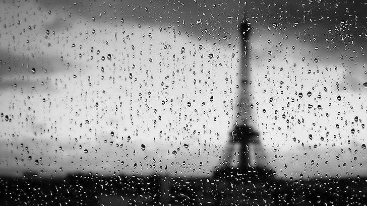 grayscale photography of Eiffel Tower, water drops, water on glass, HD wallpaper