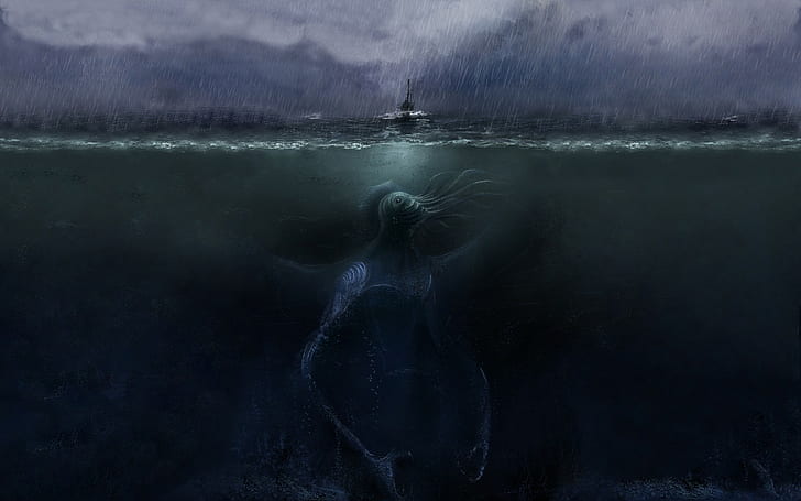underwater, creature, horror, sea, ship, artwork