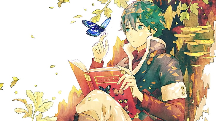 anime art, anime boy, anime guy, book, read, butterfly, tree, HD wallpaper
