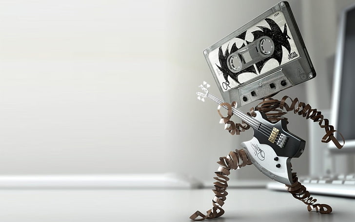 Cassettes, Guitar, humor, music, technology, indoors, copy space, HD wallpaper