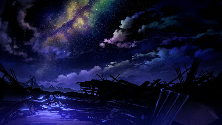 apocalyptic, space, fantasy art, sky, anime, ruin, stars, Technoheart, HD wallpaper