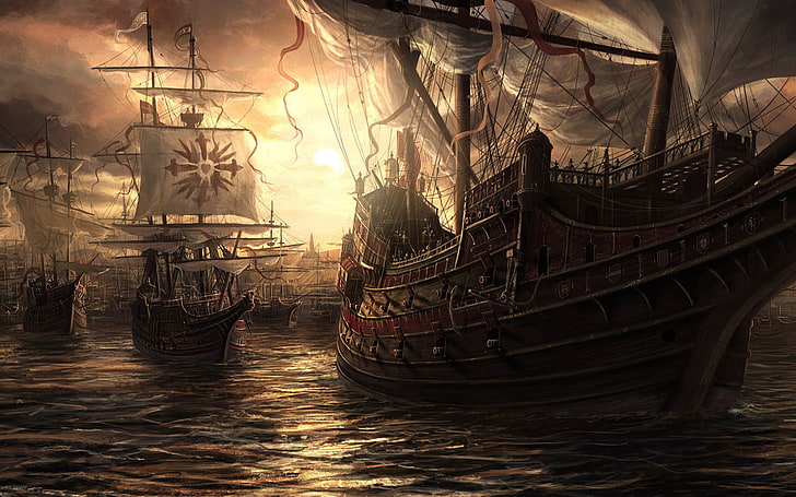 Fantasy Art Scenery by Rado Javor, clipper boat illustration, HD wallpaper