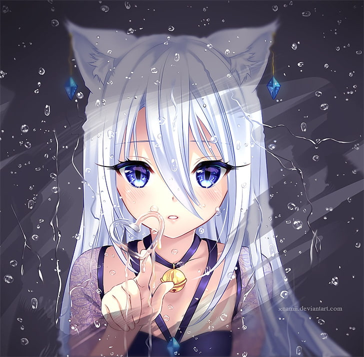 white haired female anime character, anime girls, cat ears, water