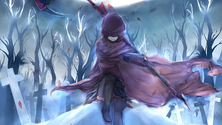female animation character, RWBY, cemetery, scythe, night, Ruby Rose (character), HD wallpaper