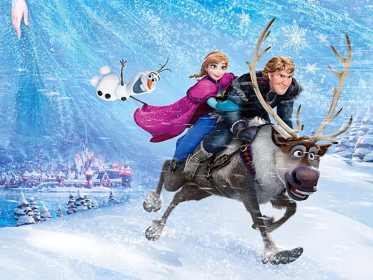Frozen, Walt Disney, 2013 movie, Anna, Kristoff, snowflakes, HD wallpaper