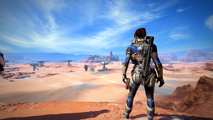 woman standing with rifle game digital wallpaper, Mass Effect: Andromeda, HD wallpaper