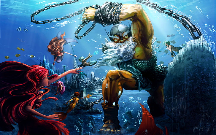 Mermaid-Underwater World Fantasy art warriors weapons chain underwater battle ocean HD Wallpapers for Desktop Mobile Phones and laptop 5200×3250, HD wallpaper