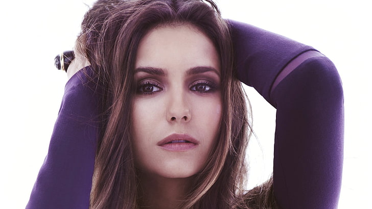 women's purple long-sleeved top, Nina Dobrev, brunette, portrait, HD wallpaper