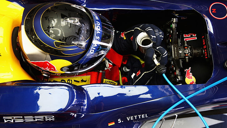 untitled, Sebastian Vettel, Red Bull, Formula 1, car, helmet, HD wallpaper