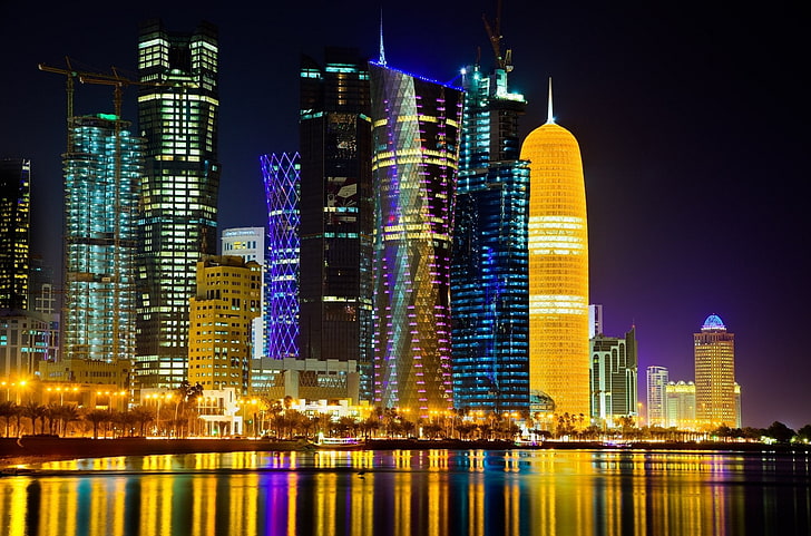 Cities, Doha, building exterior, architecture, night, city, HD wallpaper