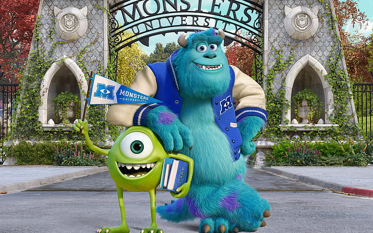 Monsters University HD, monster university james p sullivan and mike wazowski, HD wallpaper