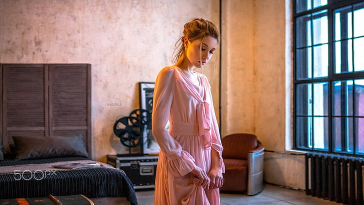 women's pink long-sleeved dress, Irina Zinchenko, model, Ksenia Kokoreva