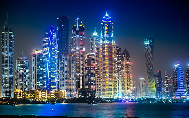 Dubai in night, skyscraper buildings, HD wallpaper