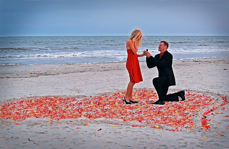women's red dress, couple, love, proposal, beach, hearts, petals, HD wallpaper