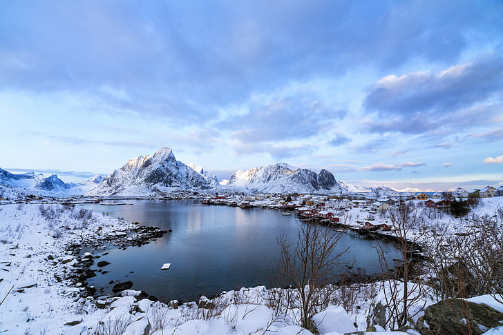 snowcap mountains during daytime, Lofoten, nature, winter, landscape, HD wallpaper