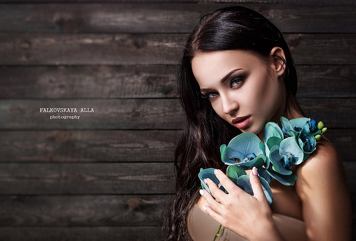 Angelina Petrova, women, model, brunette, portrait, wall, Alla Falkovskaya, HD wallpaper