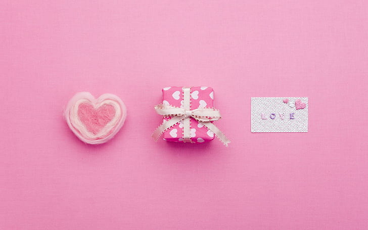 Lovely Pink Items, heart, words, notes, gift, 3d and abstract, HD wallpaper