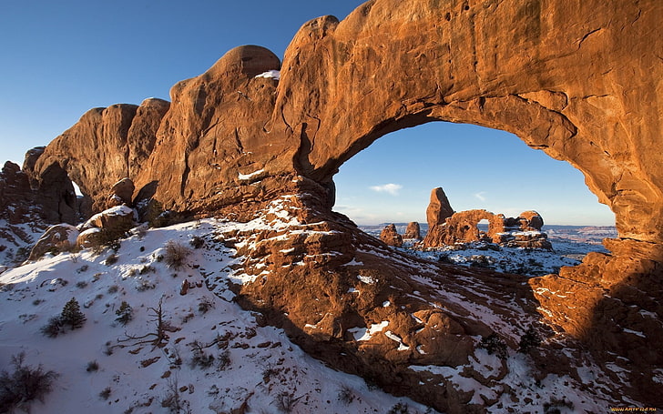 brown rock formation, landscape, arch, snow, Utah, rock - object