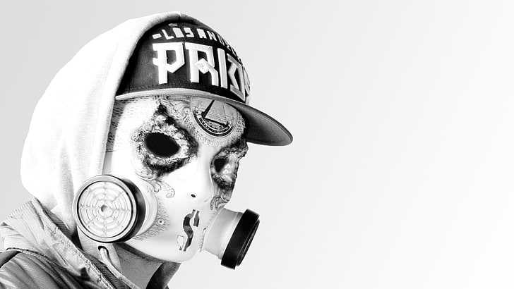 white gas mask, Hollywood undead, monochrome, simple background