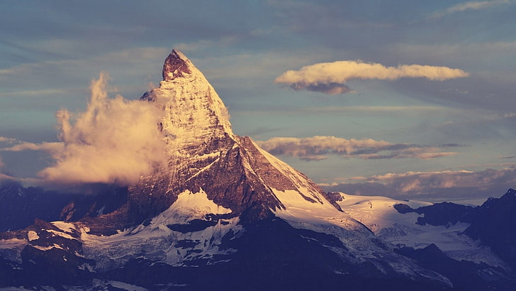 snow covered mountain, mountains, nature, clouds, sunlight, Matterhorn