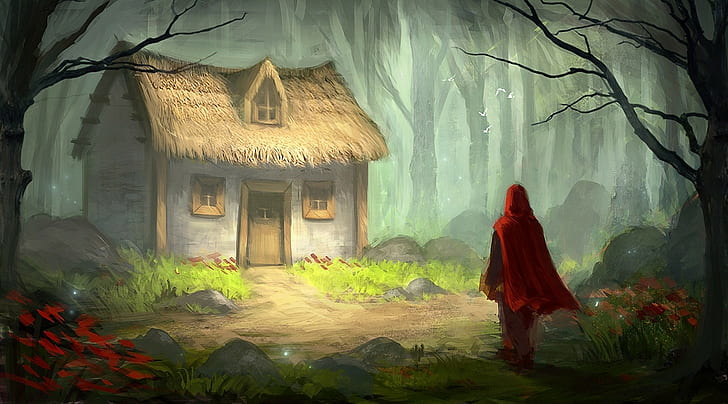digital art fantasy art fairy tale little red riding hood trees forest house painting grass stones flowers, HD wallpaper
