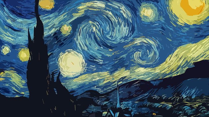 The Starry Night by Vincent Van Gogh painting, abstract, water, HD wallpaper