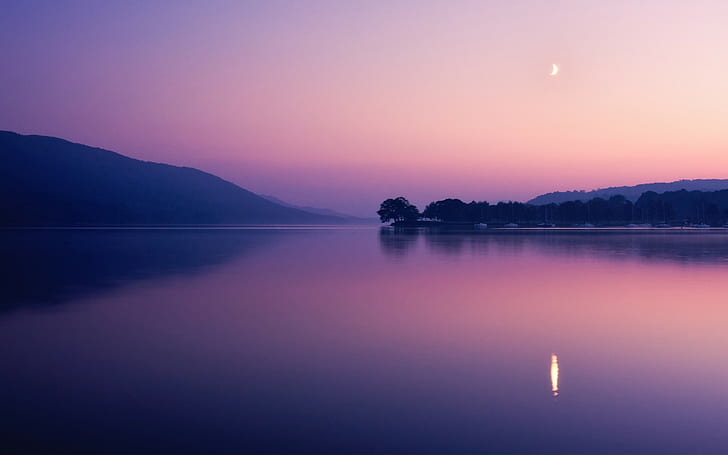 landscape, nature, water, sky, calm, calm waters, crescent moon, HD wallpaper