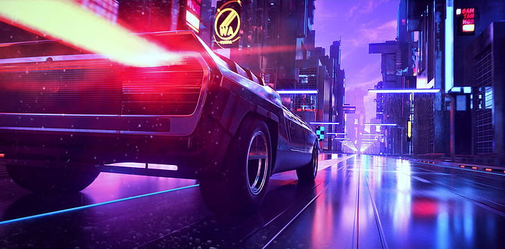 car, cityscape, street, vehicle, Retrowave, synthwave, HD wallpaper