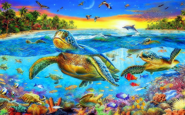 Sea Ocean Sea Turtles Swimming Corals Exotic Colorful Fish Underwater World Tropical Landscape Art Hd Wallpapers For Mobile Phones Tablet And Laptop 1920×1200