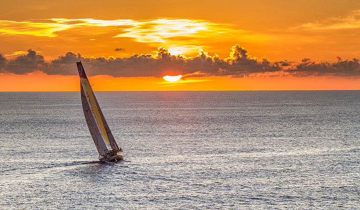 photography, sailboats, sea, sunset, sky, water, cloud - sky, HD wallpaper