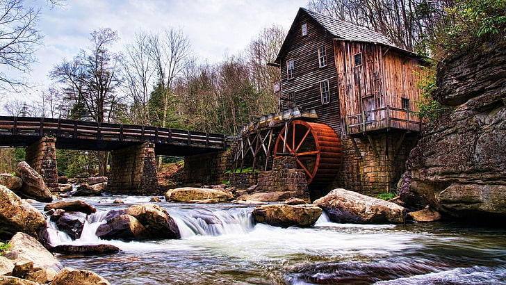 glade creek grist mill, nature, babcock state park, stream, HD wallpaper