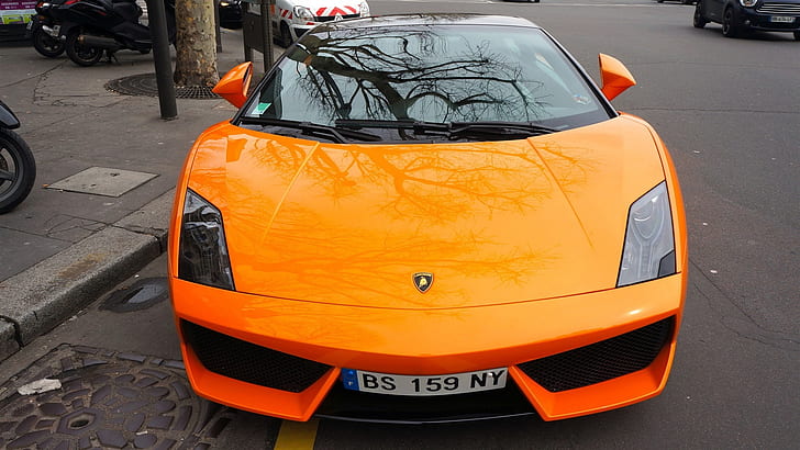 Lamborghini Gallardo orange supercar front view, reflection, city