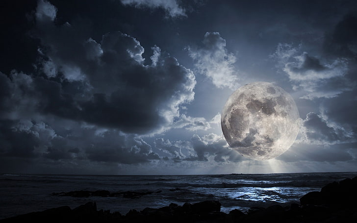 round gray moon, river, sky, evening, cloud - Sky, nature, sea