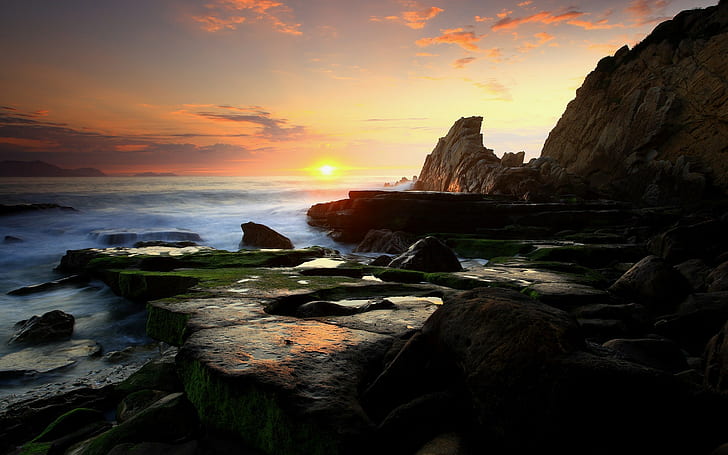 nature, landscape, sunset, rock, coast, waves, sea, photography, HD wallpaper