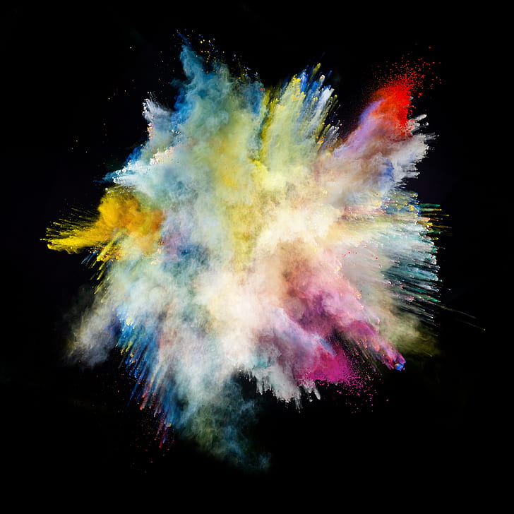 powder explosion, black background, colorful