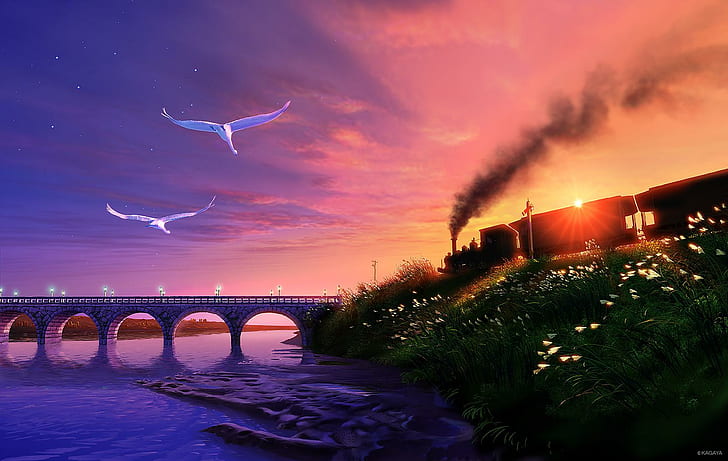 Kagaya, lovely, train, smoke, nice, beautiful, bird, sunset, water, HD wallpaper
