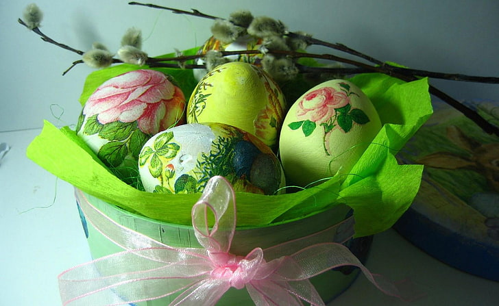 four assorted-color decorative eggs, easter, holiday, boxes, tape, HD wallpaper