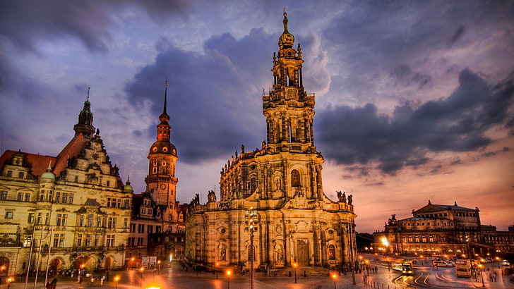 Dresden, Germany, cityscape, HDR, lights, church, clouds, architecture, HD wallpaper