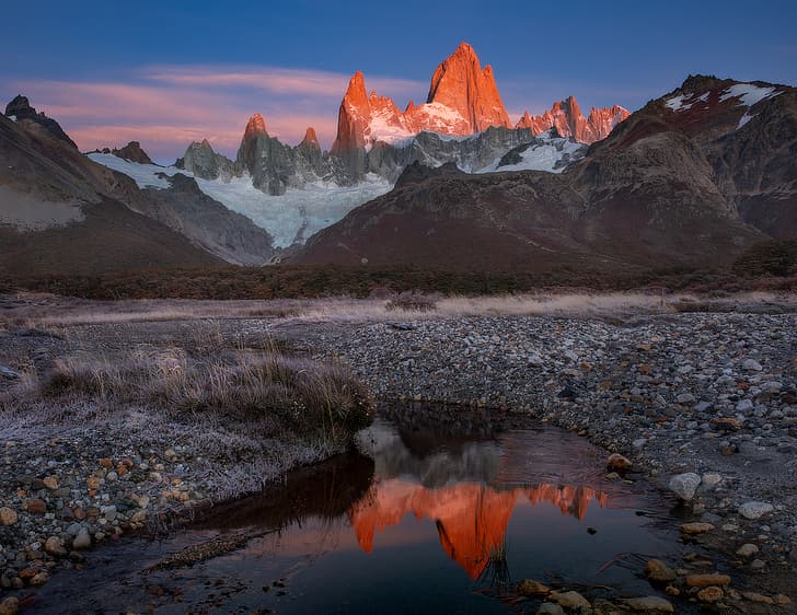 mountains, Fitz Roy, el chalten, Patagonia, sunset, rocks, snow, HD wallpaper